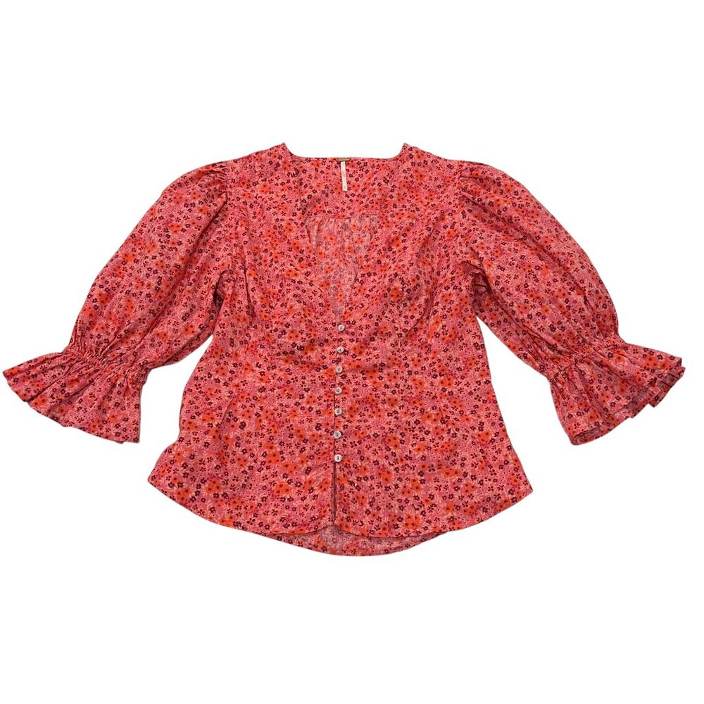 Free People I Found You Floral Button Blouse, Pink Party Combo, M - Picture 9 of 10